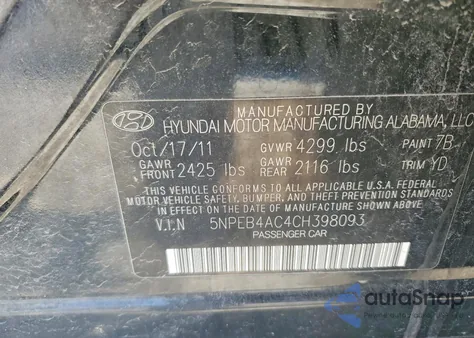 2012 Hyundai Sonata Gls z USA, uszkodzony, nr VIN 5NPEB4AC4CH398093